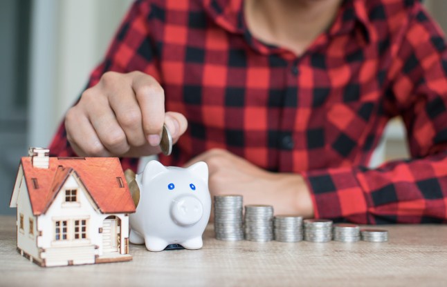 Person wearing a red and black flannel shirt places money into a piggy bank for a house deposit.