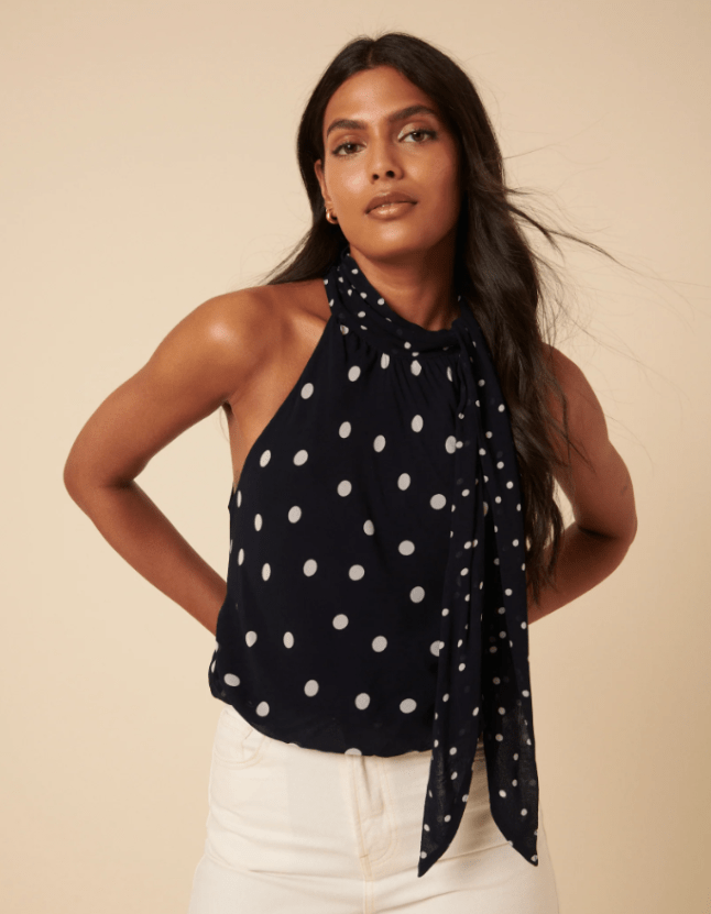 Poppy Delevingne Navy Tie Neck Alexa Bodysuit Top from Nobody's Child