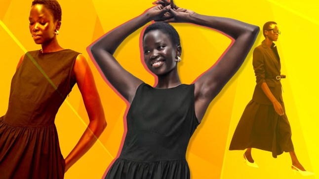 Model wears M&S Pure Cotton Round Neck Midi Waisted Dress in black, against vibrant orange and yellow background