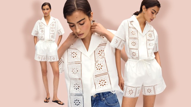 Model wearing Aligne co-ord in white, against pastel background