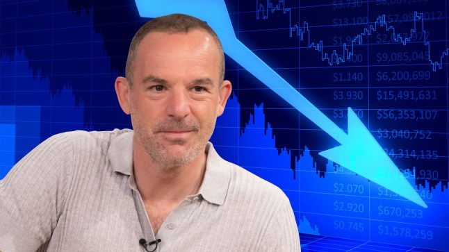 Martin Lewis smiles while wearing a beige jumper against a backdrop of interest rates falling.